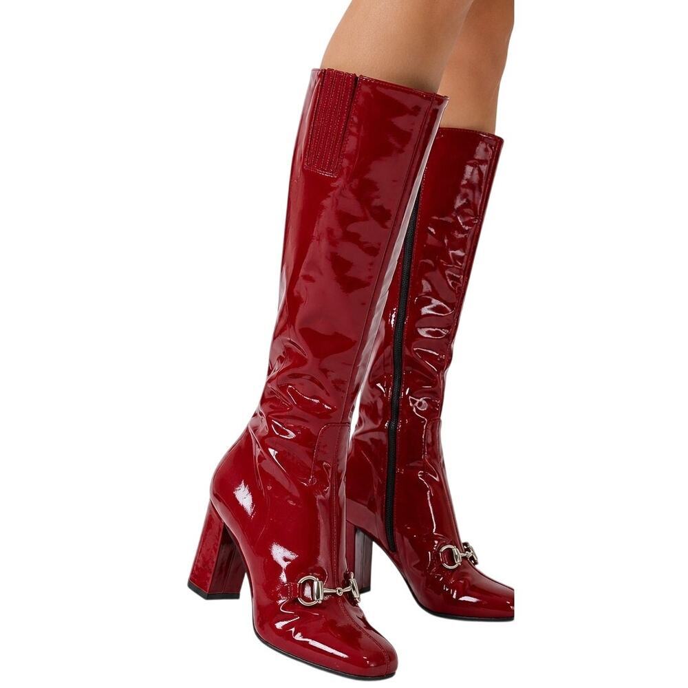 Enzo Angiolini Red Patent Leather Horsebit Boots Sz 8.5 Y2K Mod Glam